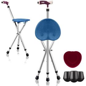 Folding Seat Cane (220lbs): 5-Level Height Adjust, LED Light, Anti-Slip Pads, Aluminum Alloy, Bonus Cushion/3 Foot Pads for Elder-Silver